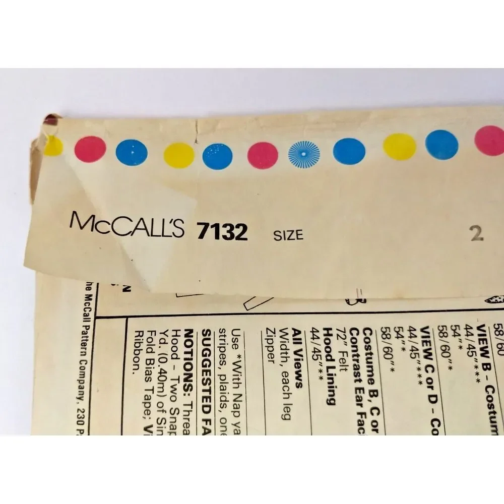 McCalls Sewing Pattern 7132 Kids Animal Costumes Sz 2 HALLOWEEN Cut Complete VTG